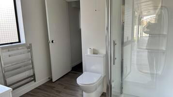 Shower, towels, soap, toilet paper