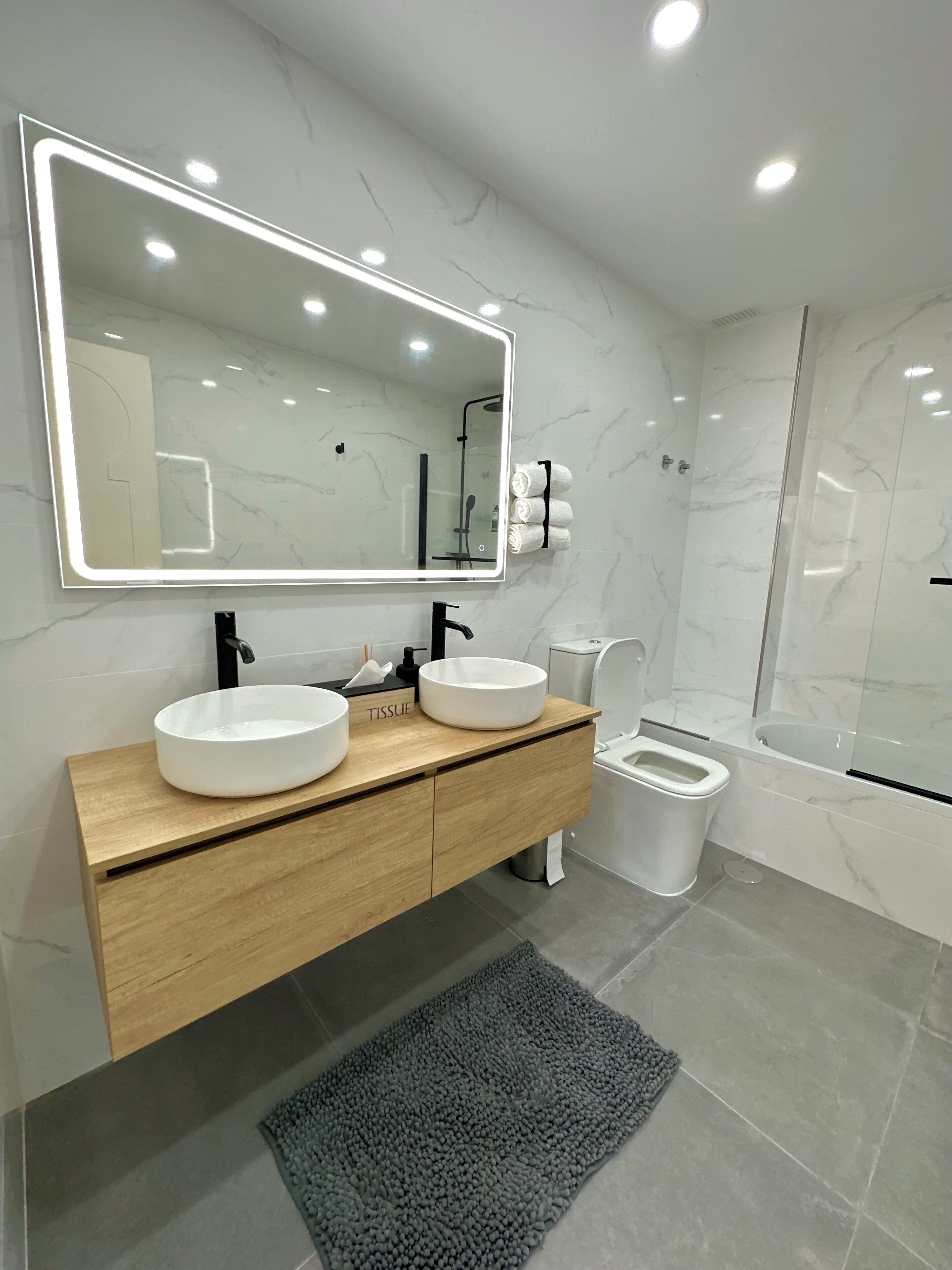 Shower, hair dryer, bidet, towels