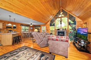 Smart TV, fireplace, foosball, books