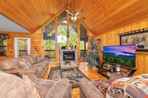 Smart TV, fireplace, foosball, books