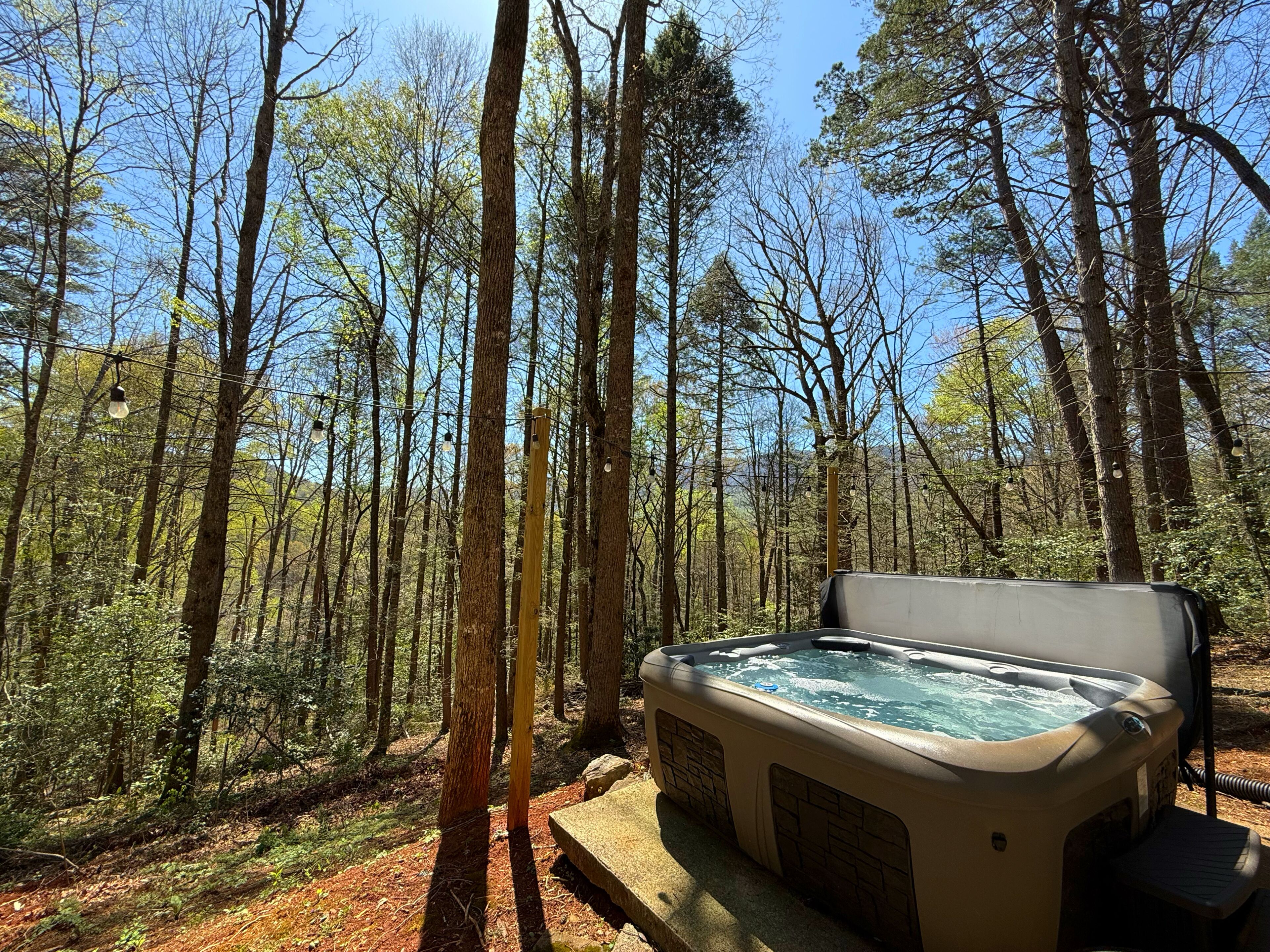 A hot tub in a forested area with trees and a clear sky.