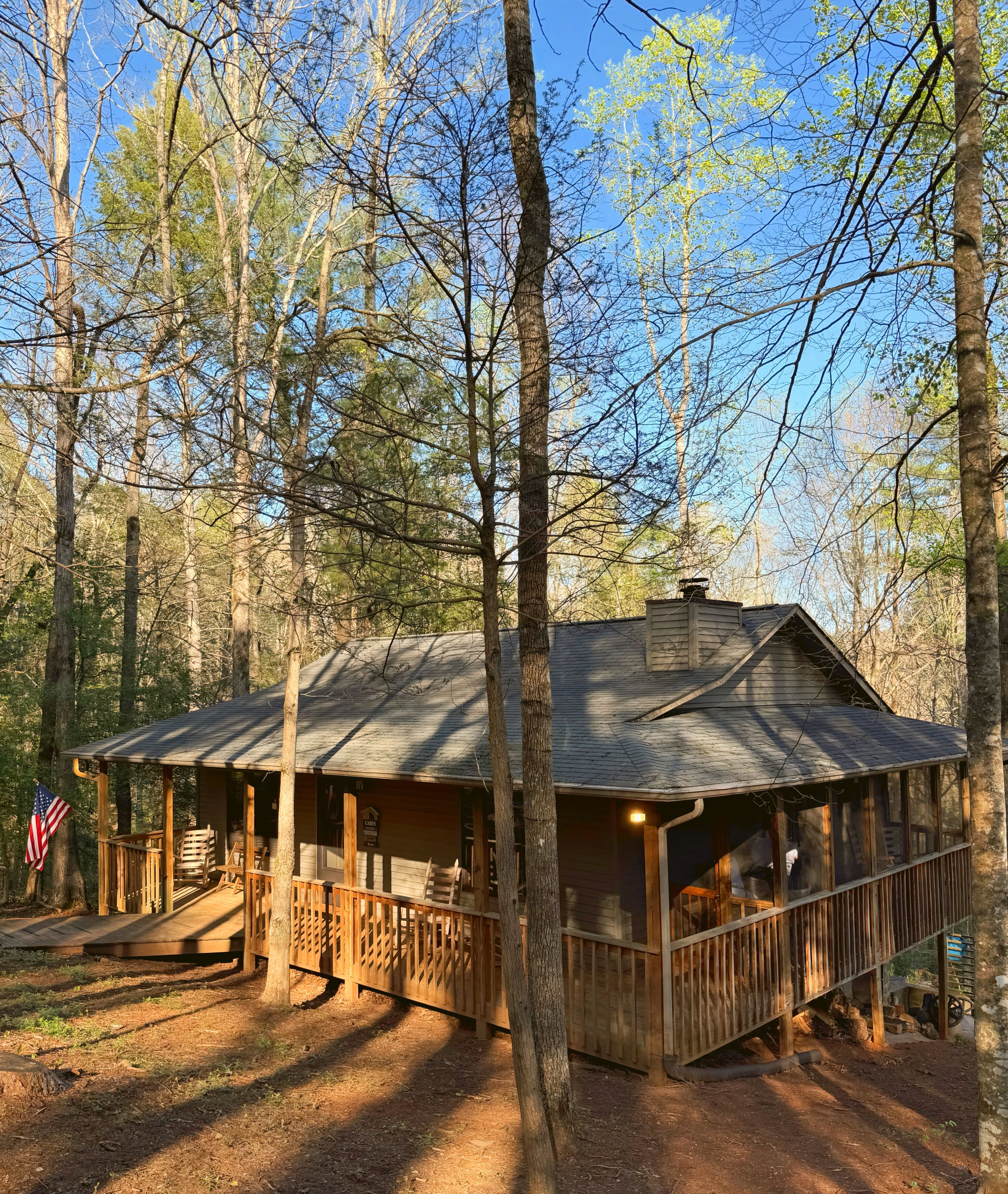 A rustic cabin with a porch, surrounded by tall trees.