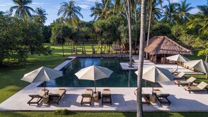 A pool area with lounge chairs and umbrellas, surrounded by palm trees and a thatched-roof structure.