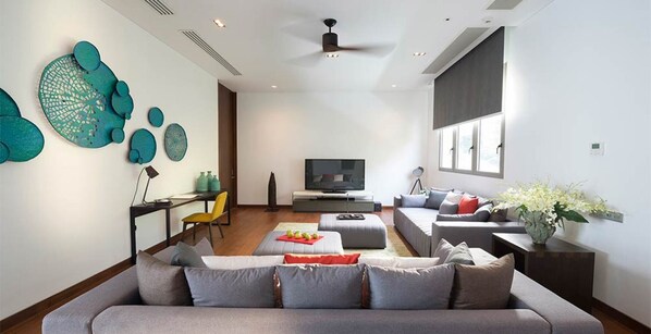 Una sala de estar moderna con un sofá gris, un televisor y decoración en la pared.