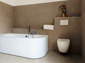 Hair dryer, towels, soap, toilet paper