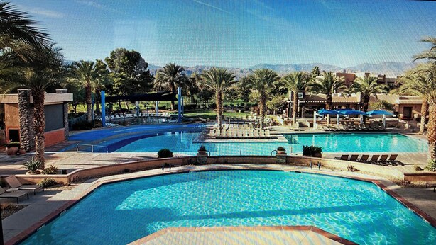 A large outdoor swimming pool with multiple sections, surrounded by lounge chairs and palm trees. - Coachell - Marriott Shadow Ridge (Palm Desert)