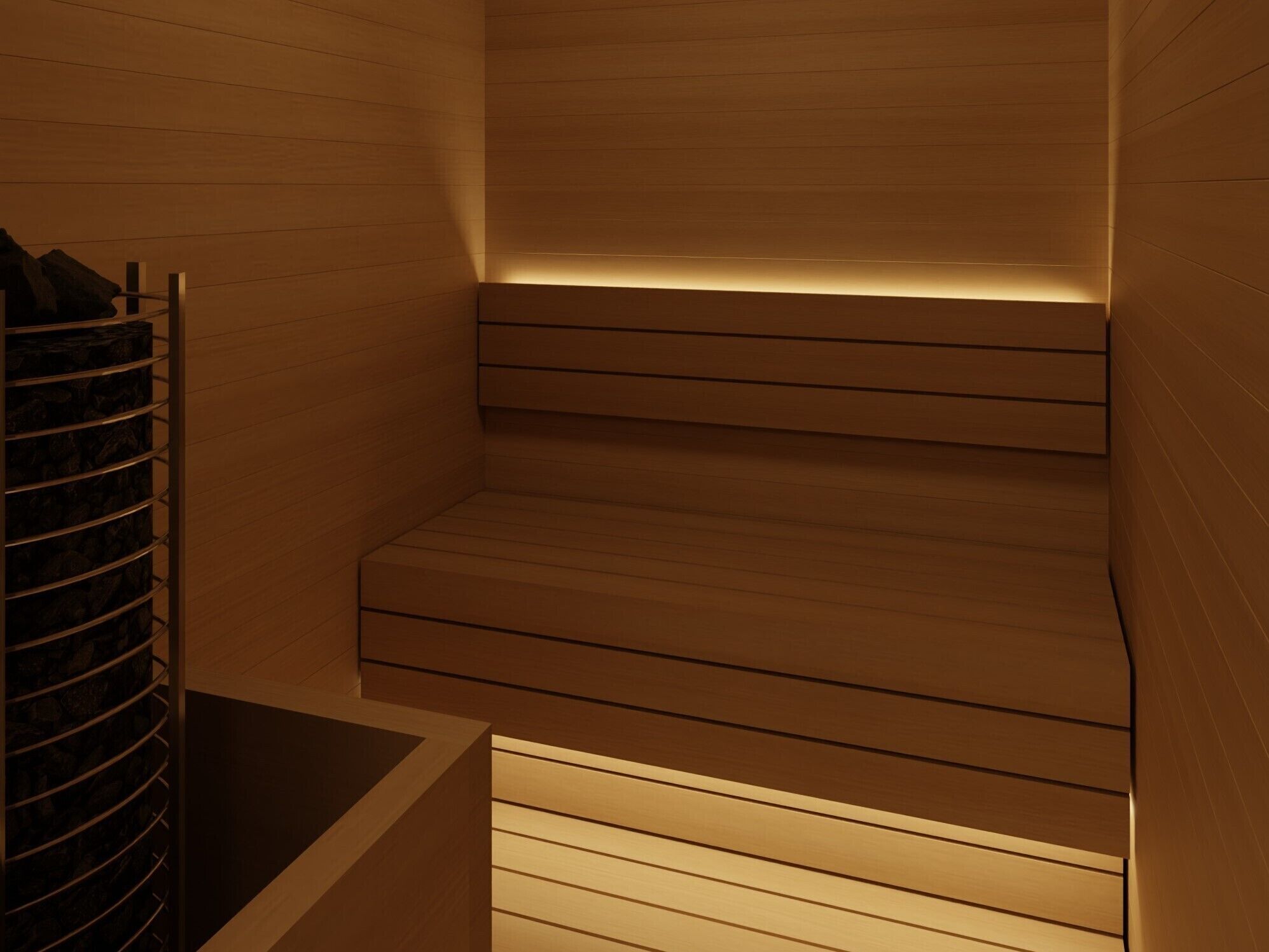 Un intérieur en bois avec un banc intégré et une étagère où sont rangés divers objets.