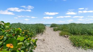 A sandy path leading to a beach with a clear sky and scattered clouds.