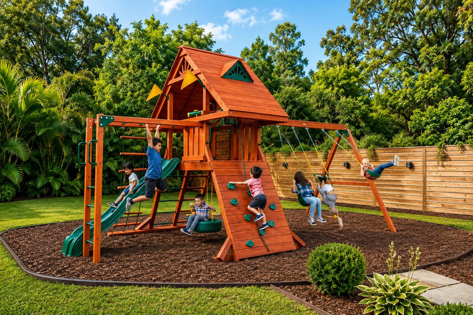 Una estructura de madera para juegos con toboganes y columpios en un jardín.