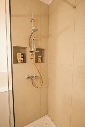 Douche, séchoir à cheveux, serviettes fournies, savon