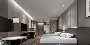 A modern hotel room with a large bed, a desk, and a chair. There is a window with curtains, a wall-mounted TV, and a ceiling light. - Beijing Dongba Wanda Jin hotel (Beijing)