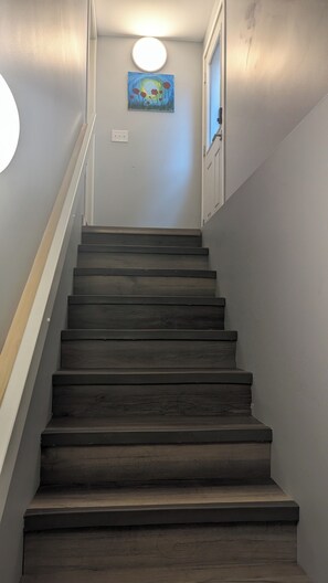 Un escalier avec des marches en bois foncé menant à un palier.