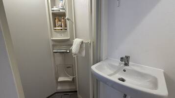 Shower, hair dryer, bidet, towels