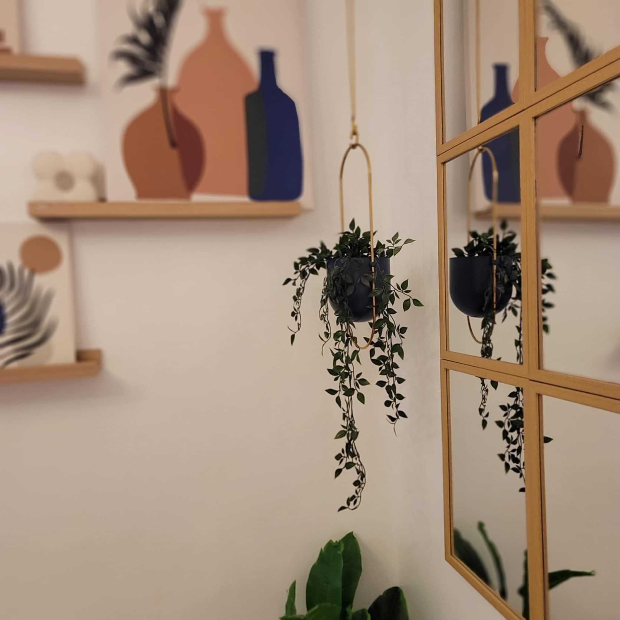 A room with a wooden-framed mirror reflecting a hanging plant, a wall with abstract art, and a shelf with decorative items.