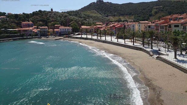 A coastal town with a beach, buildings, and a hill with a castle-like structure. - 3CONV16 - Apartment near the beach (COLLIOURE)