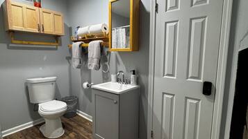 A bathroom with a toilet, sink, cabinet, mirror, and wooden flooring.