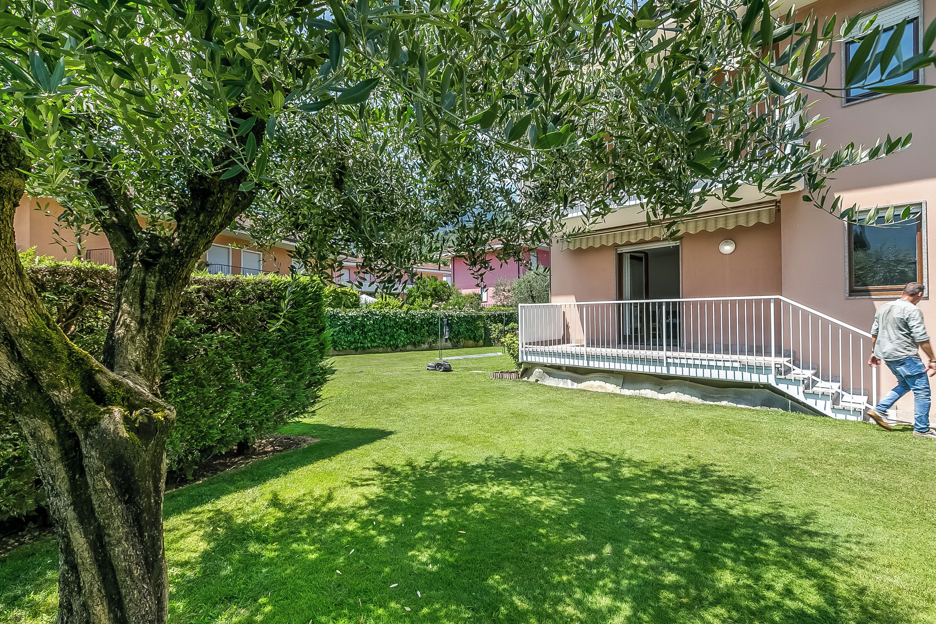 A well-maintained garden with a large tree, a neatly trimmed lawn, and a building with a balcony.