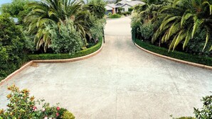 Une allée menant à une maison avec un toit en pente, entourée d’une végétation luxuriante et de palmiers.