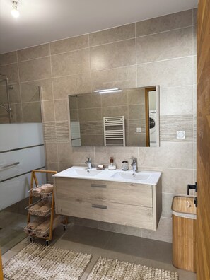 Dusche, Haartrockner, Handtücher, Seife