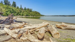 A beach with driftwood and a forested hill in the background. - Mtn-View Camano Island Retreat Overlooking Beach (Camano)