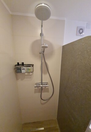 Douche, séchoir à cheveux, serviettes fournies, savon