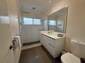 Shower, hair dryer, towels, soap