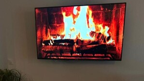 Ein schwarzer Liegestuhl mit einem herzförmigen Kopfkissen, ein Fernseher, der einen Kamin zeigt, und ein Topfpflanze auf Holzdielen.