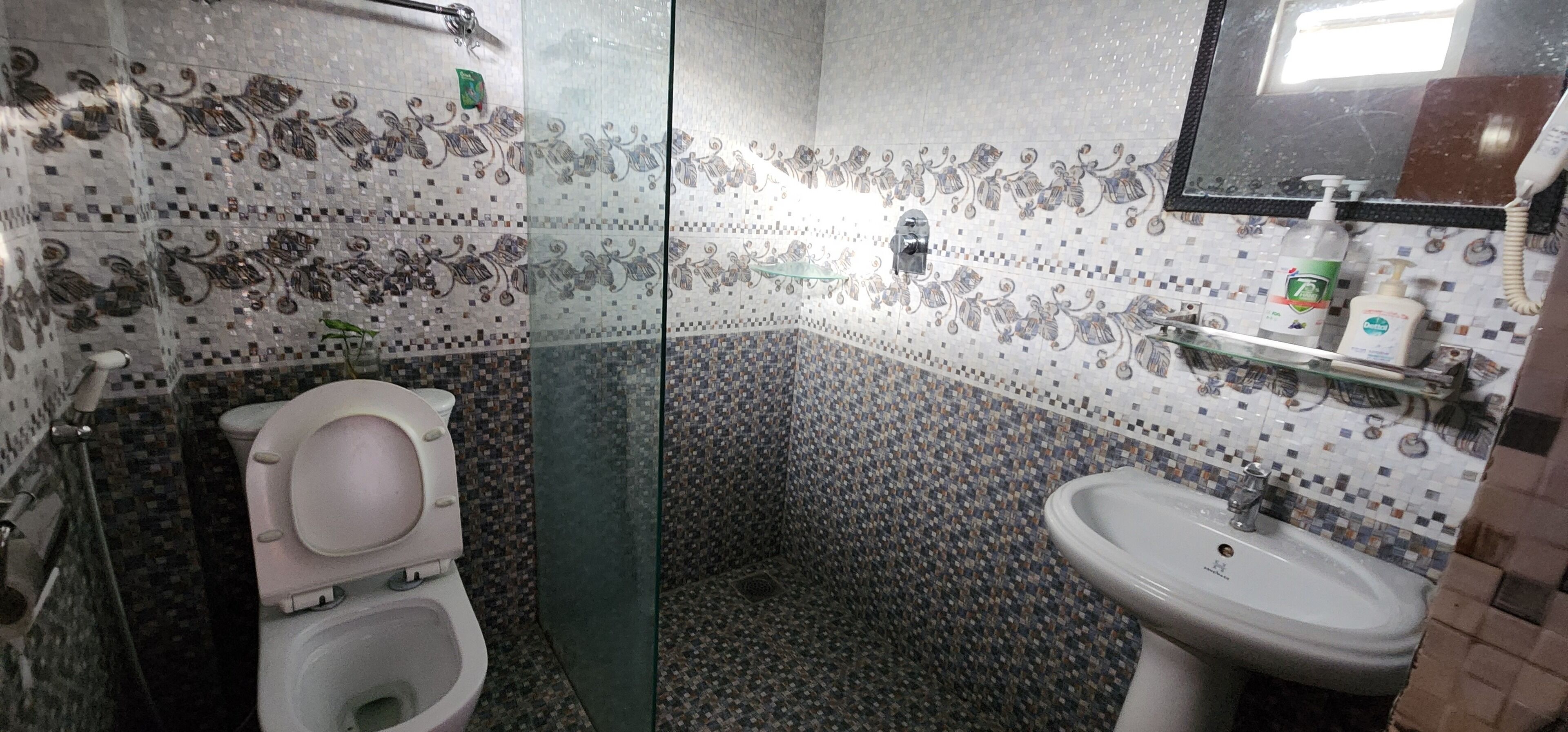 A bathroom with a toilet, sink, and glass shower enclosure.