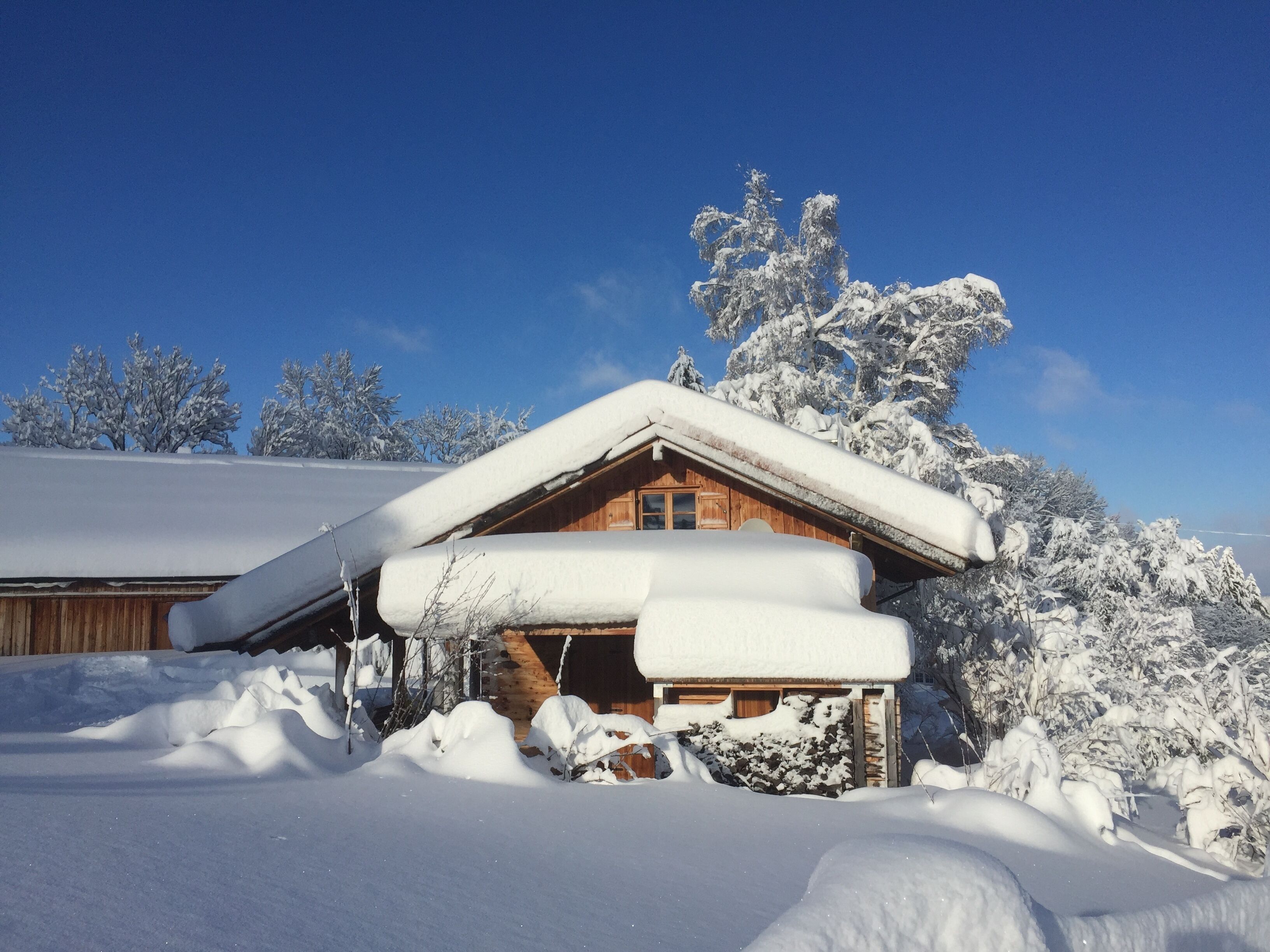 A wooden cabin with a sloped roof covered in snow, surrounded by snow-covered trees.