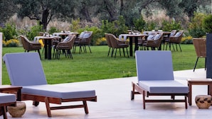 Un espace extérieur avec piscine, comprenant des chaises longues, des tables et des chaises, le tout entouré d’arbres et de verdure.