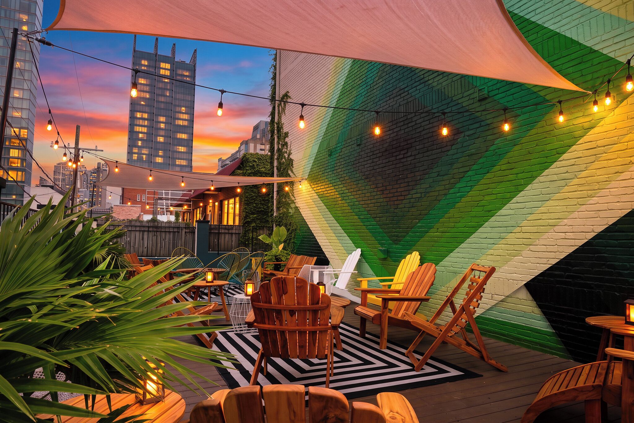 Un espace extérieur aménagé avec des meubles en bois et des guirlandes lumineuses, le tout sur fond de paysage urbain.