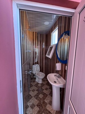 Bañera con ducha, secador de pelo, toallas, jabón