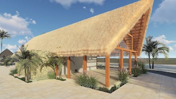 On the beach, white sand, 2 beach bars