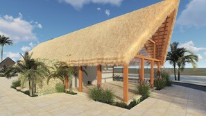 On the beach, white sand, 2 beach bars