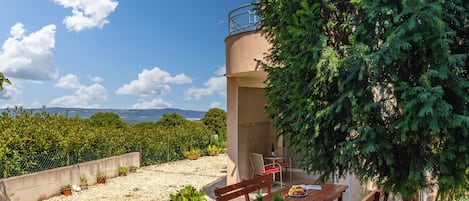 A terrace with a wooden table and chairs, surrounded by potted plants and a view of the sea.