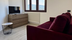 Un salón moderno con un aparador de madera, un sofá rojo, un televisor encima y una ventana con vistas a las colinas.
