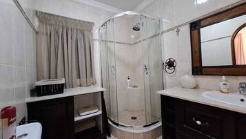 Hair dryer, towels, soap, toilet paper