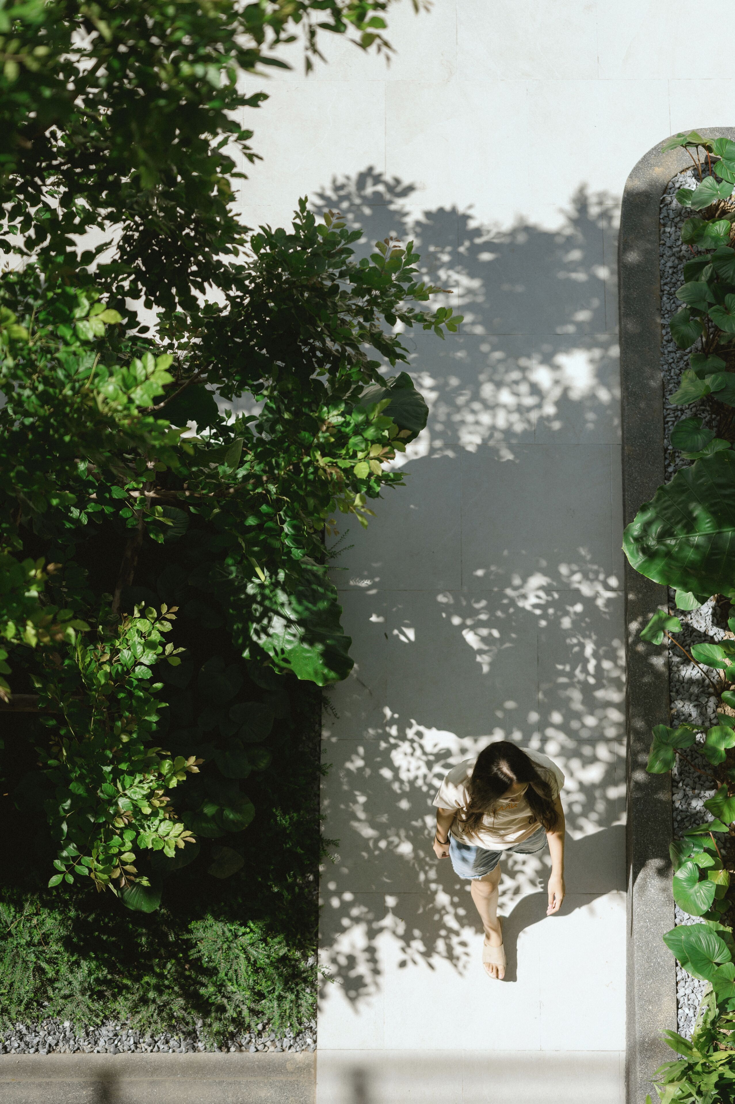 A person walking along a pathway with greenery on both sides.