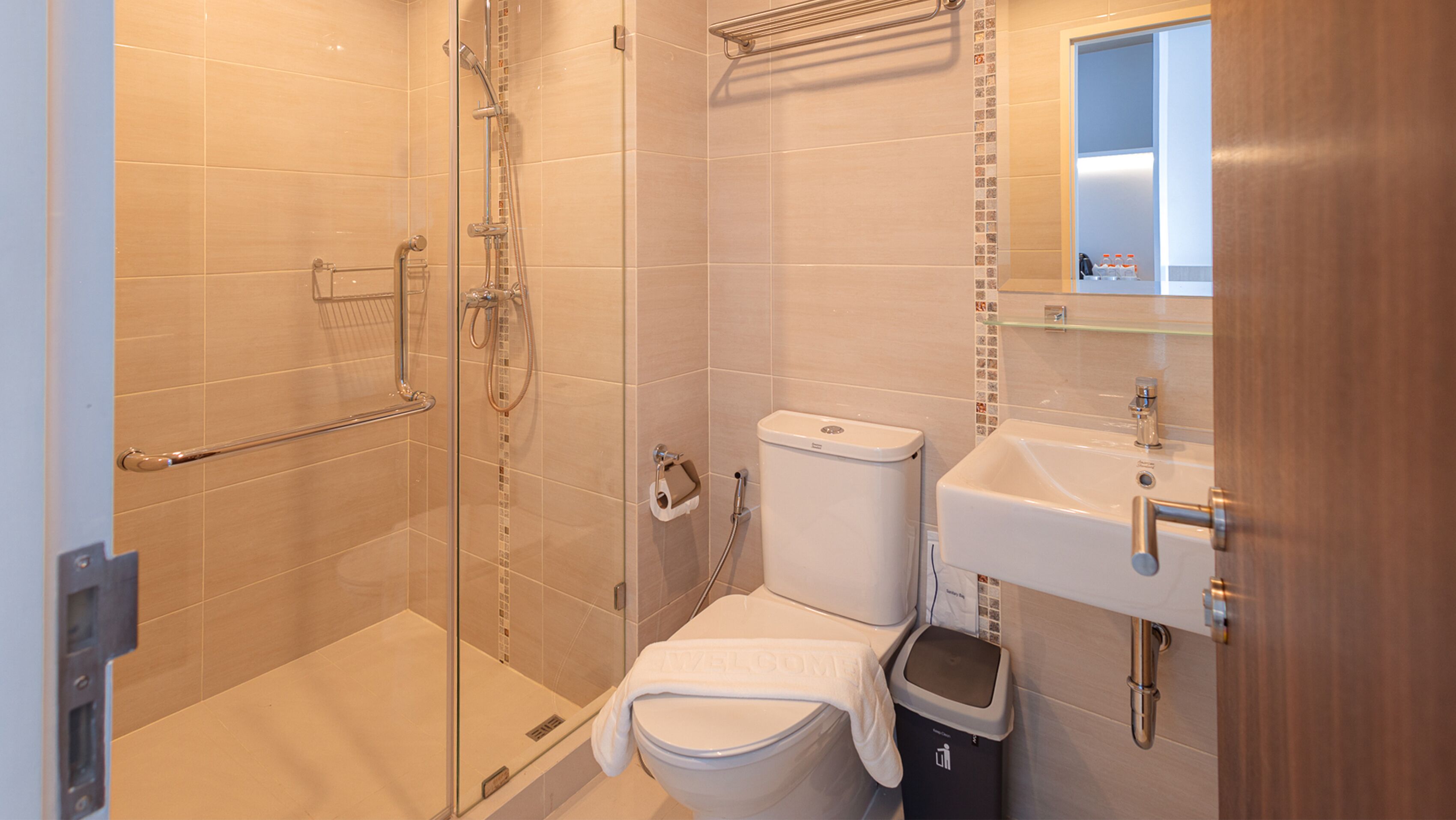 A bathroom with a glass shower enclosure, a toilet, a sink, and a mirror.