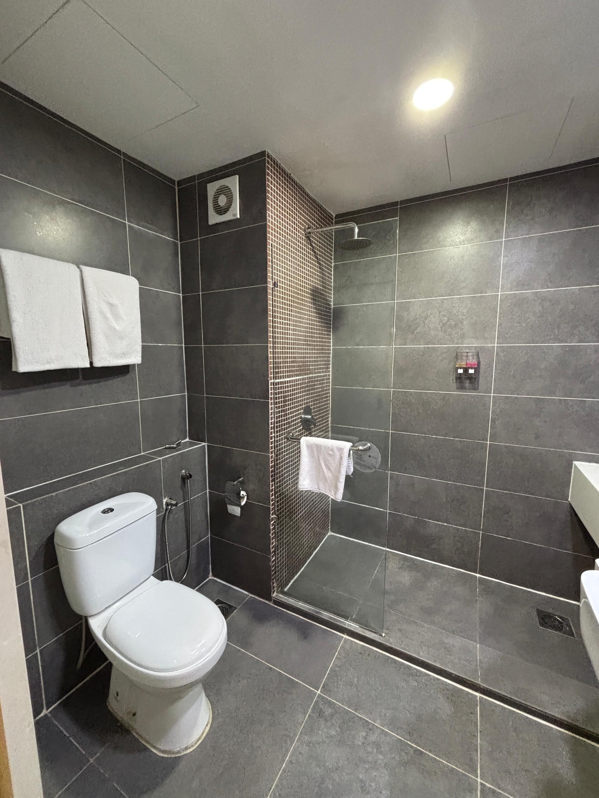 Un baño moderno con baldosas oscuras, un inodoro blanco, una ducha con puerta de vidrio y dos toallas blancas colgadas en la pared.