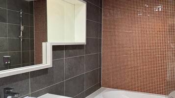 Hair dryer, bathrobes, slippers, towels