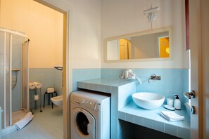 Shower, hair dryer, bidet, towels