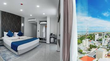 In-room safe, desk, laptop workspace, blackout curtains