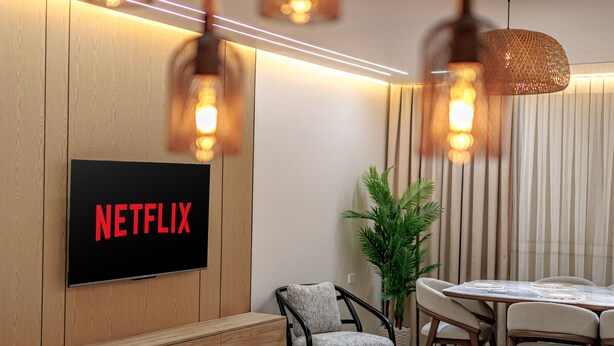A modern living room with a flat-screen TV displaying "NETFLIX," a wooden bench, a dining table with chairs, and a potted plant.