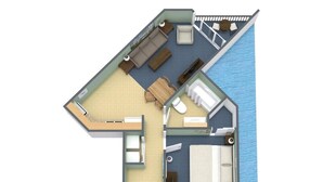 Un plan 3D d’une chambre d’hôtel dotée d’un balcon, d’un coin salon avec un canapé et des fauteuils, d’un lit, d’une petite salle de bain et offrant une vue sur la mer.