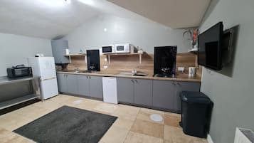 Fridge, microwave, electric kettle, toaster
