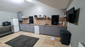 Fridge, microwave, electric kettle, toaster