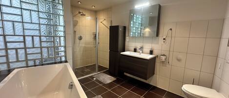 Shower, towels, soap, toilet paper