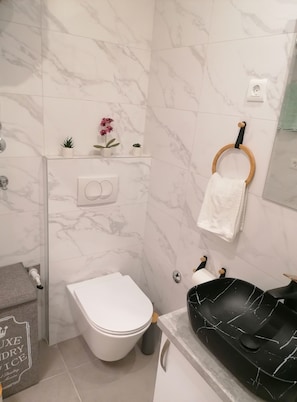 Douche, sèche-cheveux, serviettes fournies, savon