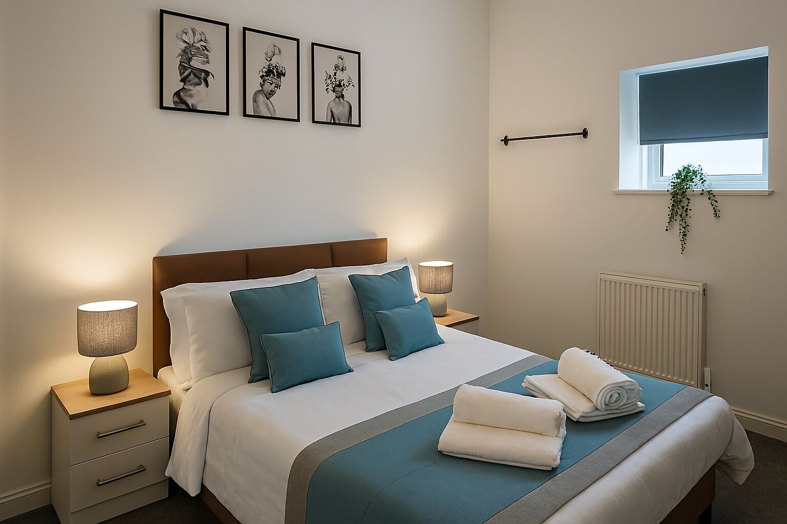 A neatly made bed with blue and white bedding, two bedside lamps, a window with a view, and three framed artworks on the wall.